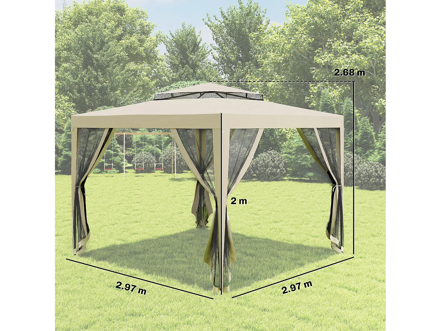 Gazebo da giardino con zanzariere e doppio tetto 3x3m beige