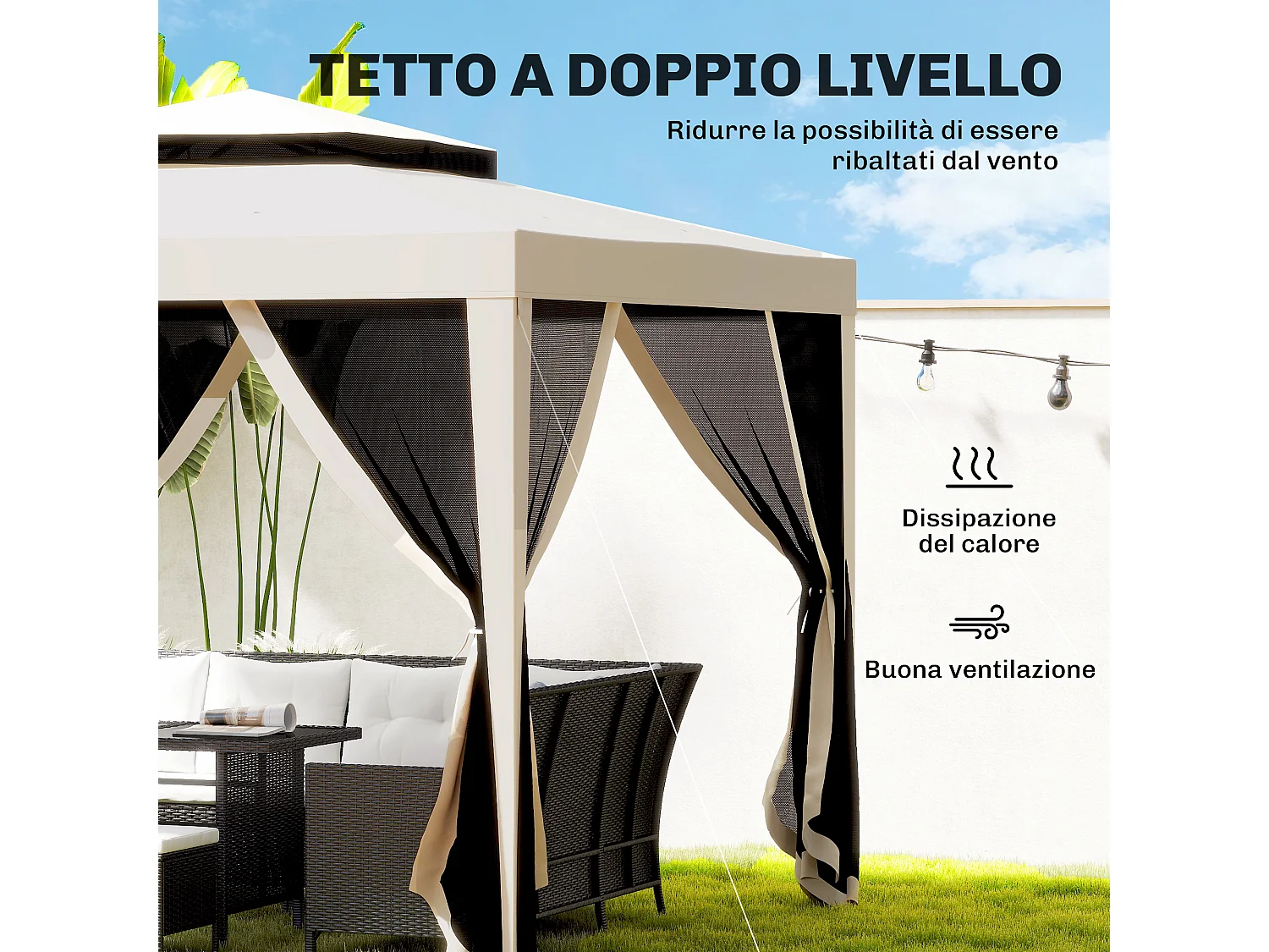Gazebo da giardino con zanzariere e doppio tetto 3x3m beige