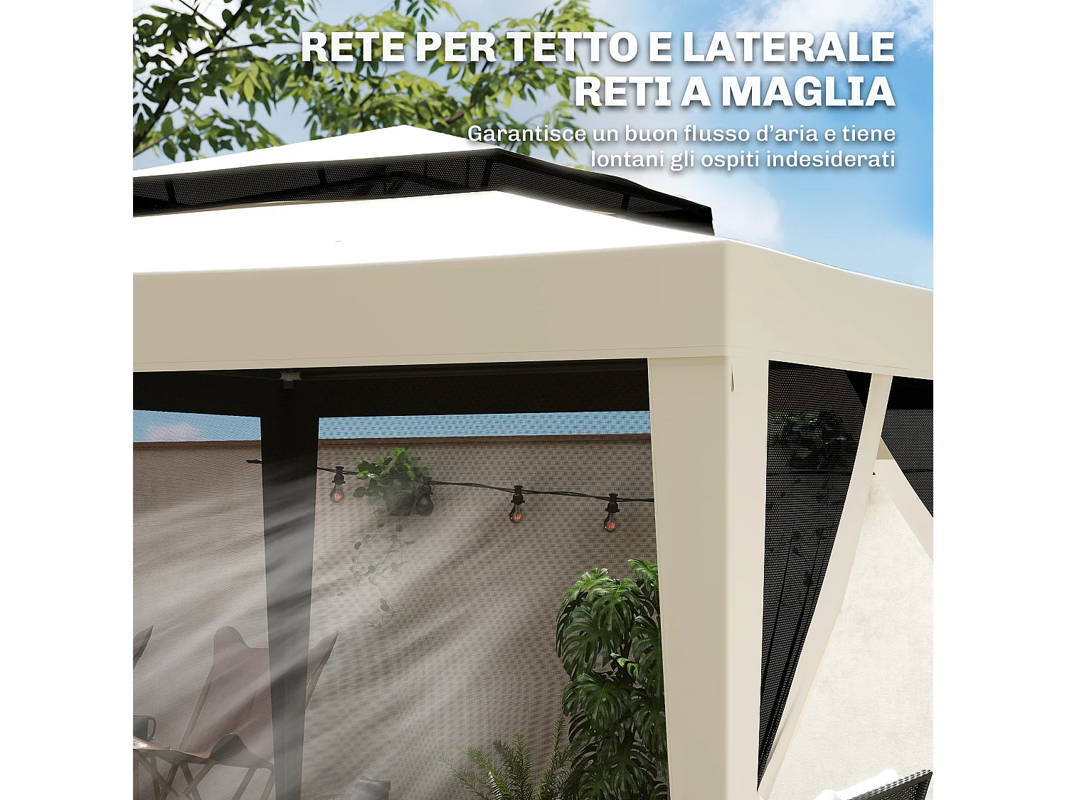 Gazebo da giardino con zanzariere e doppio tetto 3x3m beige