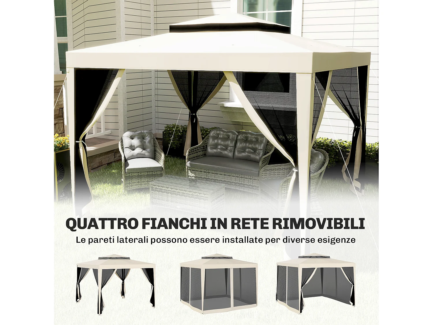 Gazebo da giardino con zanzariere e doppio tetto 3x3m beige