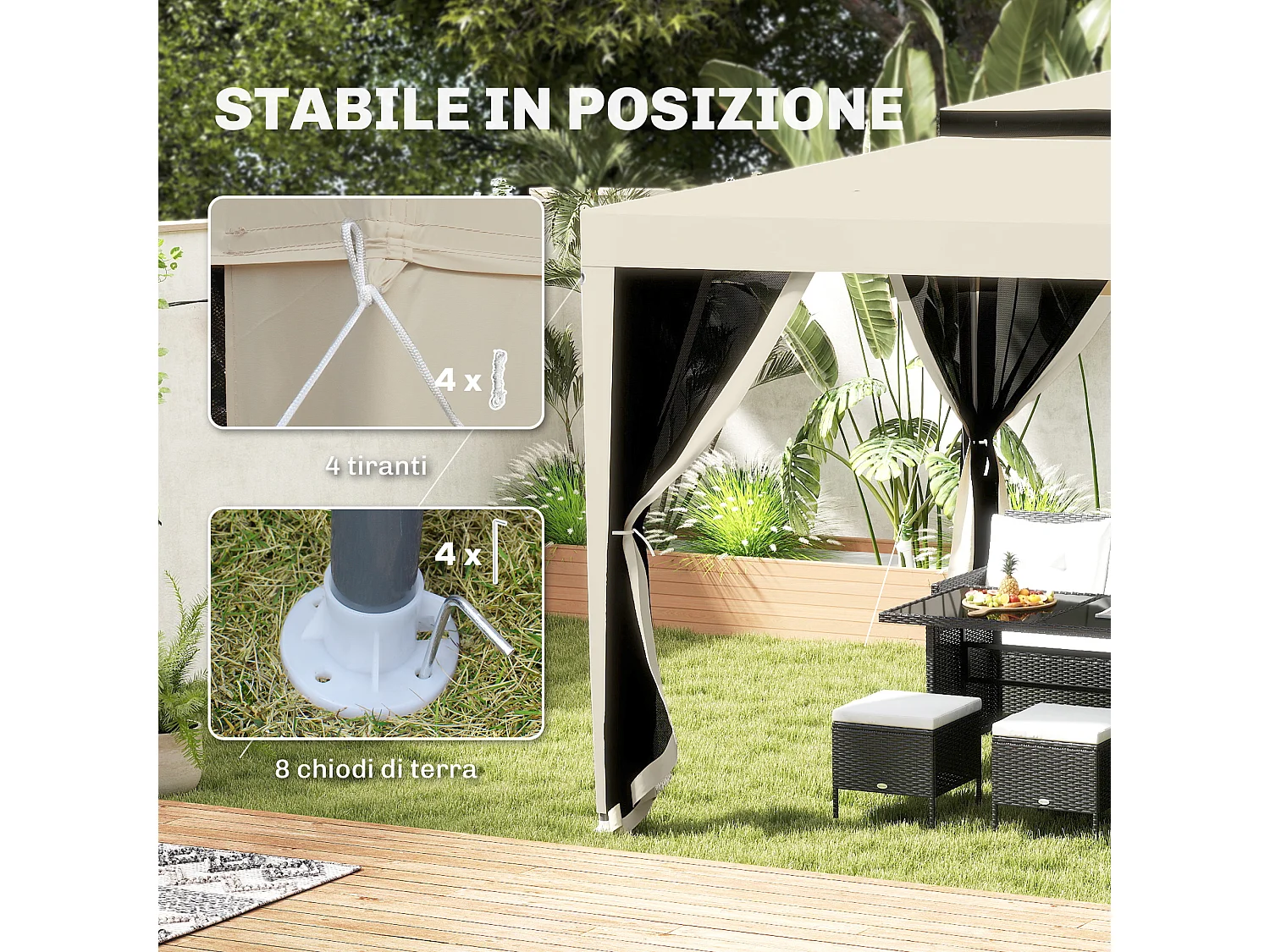 Gazebo da giardino con zanzariere e doppio tetto 3x3m beige