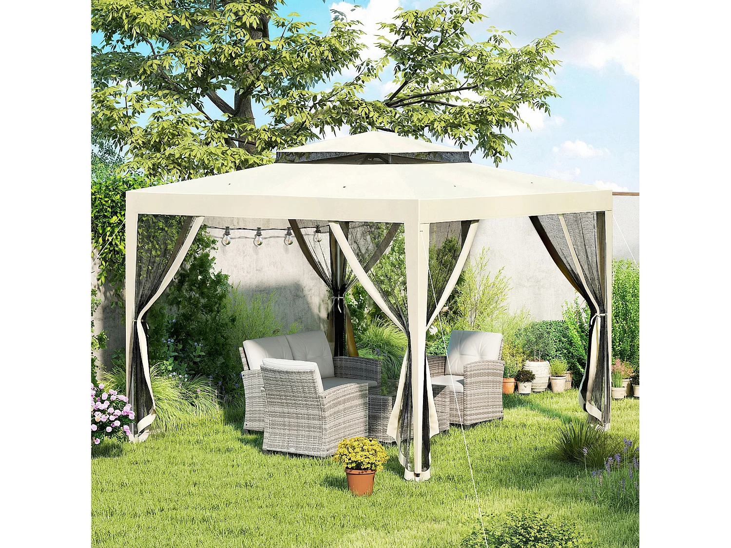 Gazebo da giardino con zanzariere e doppio tetto 3x3m beige