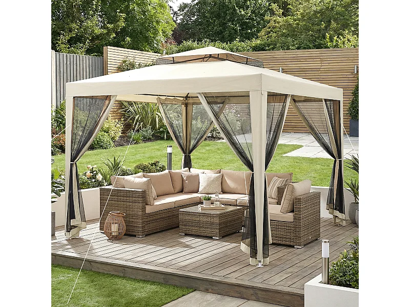 Gazebo da giardino con zanzariere e doppio tetto 3x3m beige