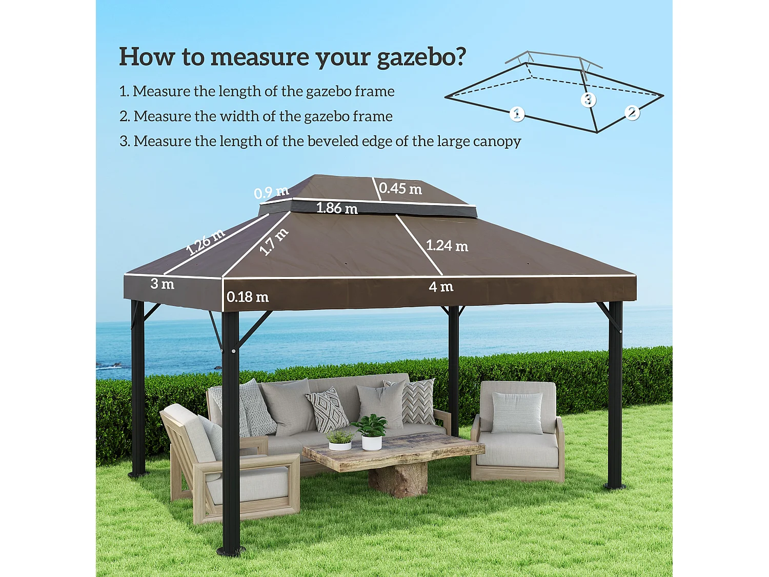 Copertura per gazebo 3x4 m a 2 livelli in tessuto oxford 600d caffè