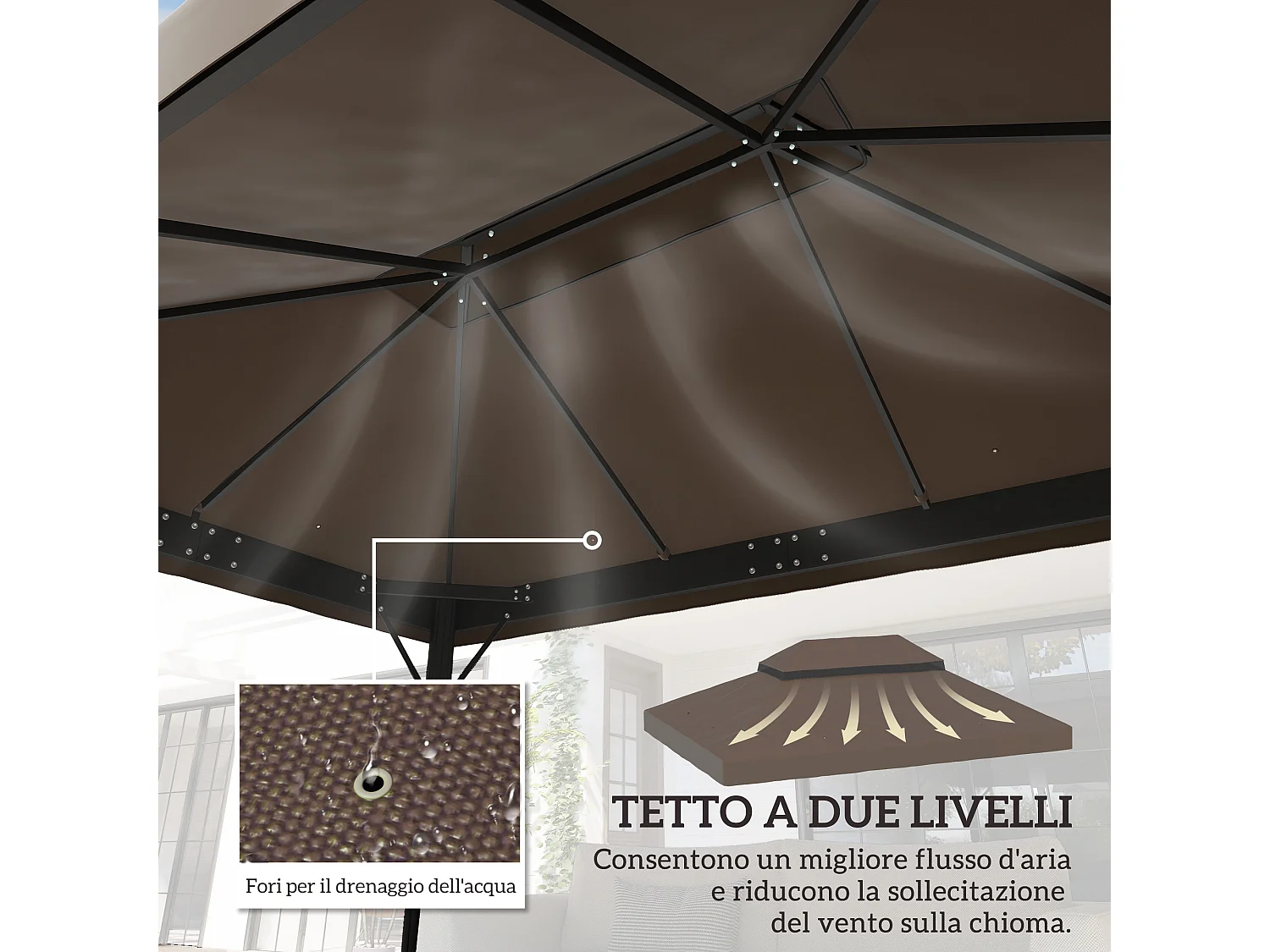 Copertura per gazebo 3x4 m a 2 livelli in tessuto oxford 600d caffè