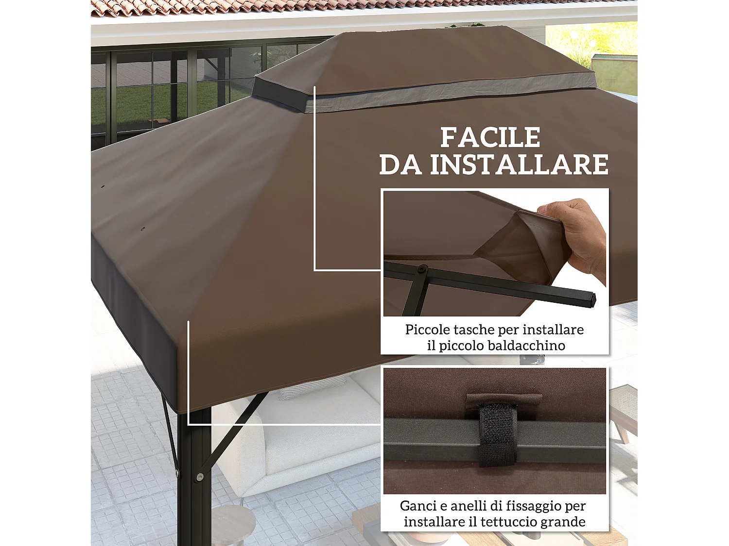 Copertura per gazebo 3x4 m a 2 livelli in tessuto oxford 600d caffè