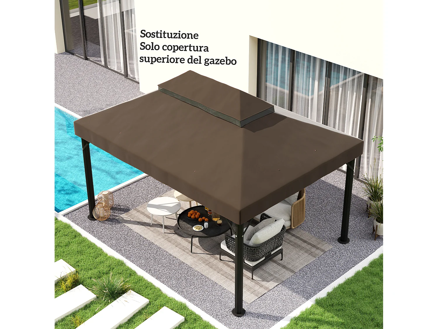 Copertura per gazebo 3x4 m a 2 livelli in tessuto oxford 600d caffè