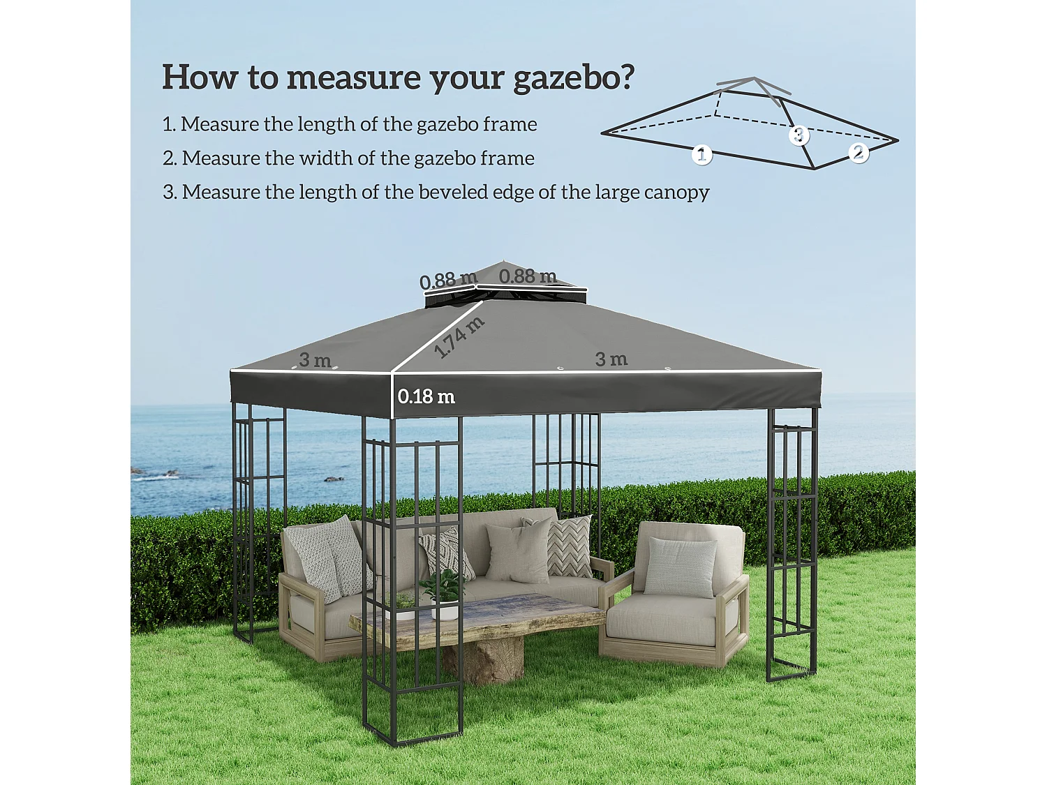 Copertura per gazebo 3x3m sostitutiva in poliestere grigio scuro