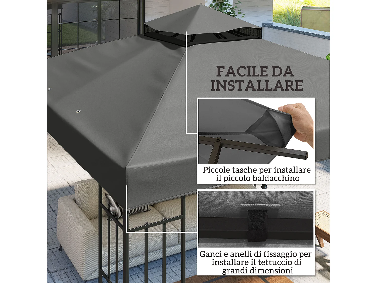 Copertura per gazebo 3x3m sostitutiva in poliestere grigio scuro