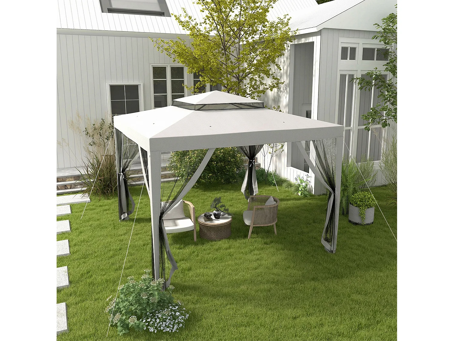 Gazebo da giardino 3x3 m con zanzariera, doppio tetto e 8 fori grigio