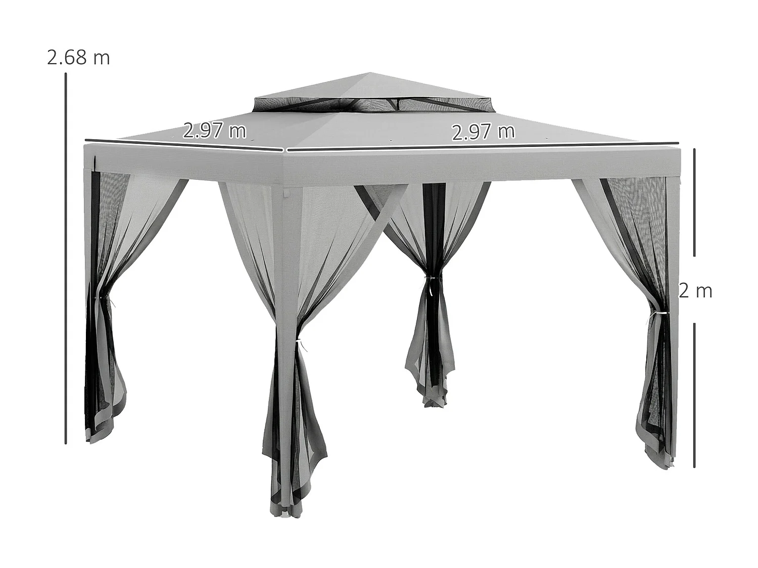 Gazebo da giardino 3x3 m con zanzariera, doppio tetto e 8 fori grigio