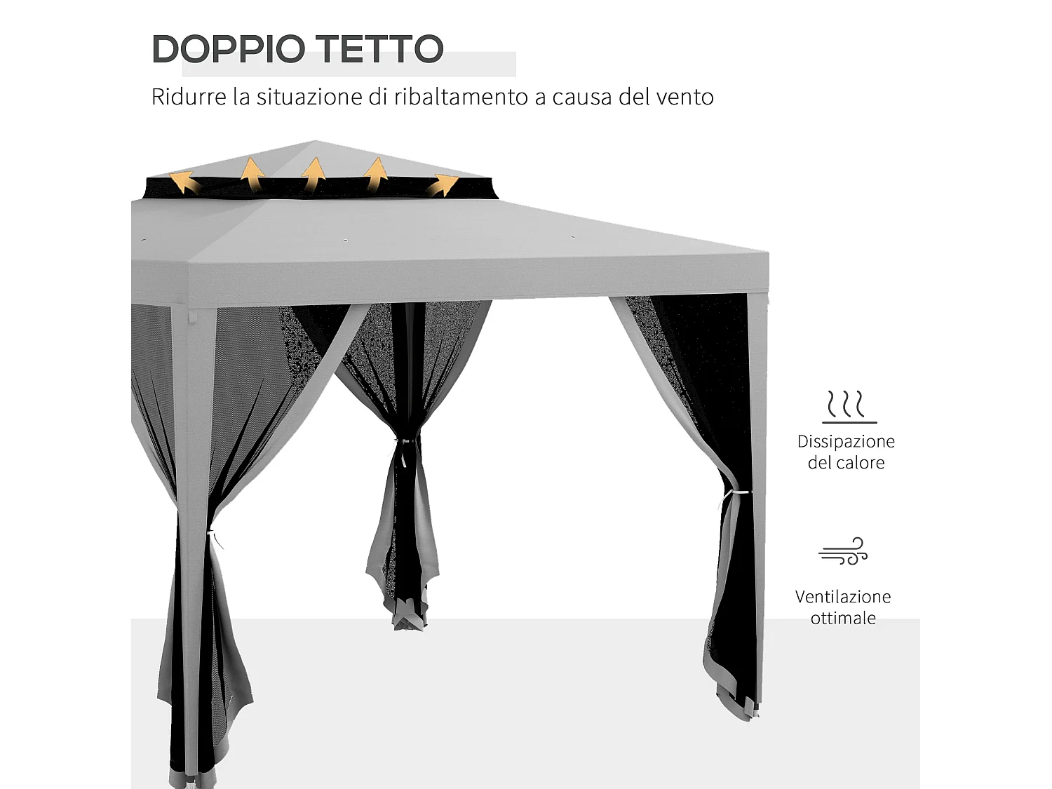 Gazebo da giardino 3x3 m con zanzariera, doppio tetto e 8 fori grigio