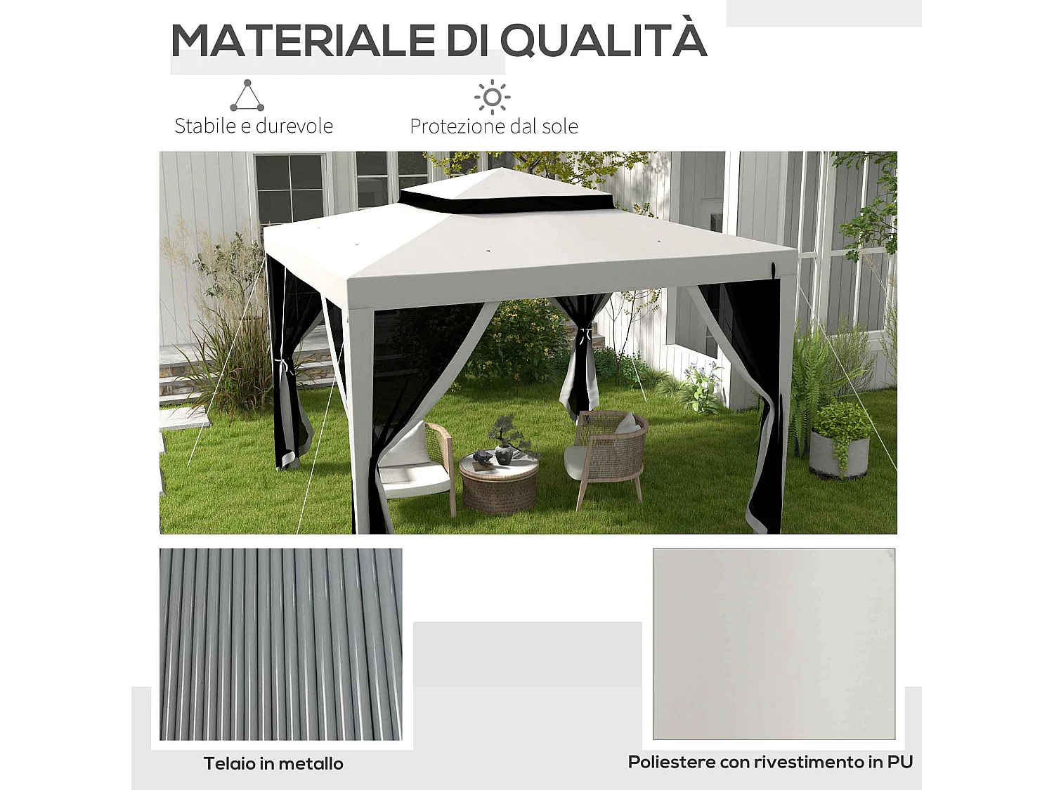 Gazebo da giardino 3x3 m con zanzariera, doppio tetto e 8 fori grigio