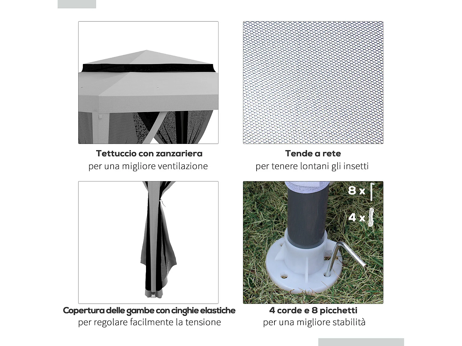 Gazebo da giardino 3x3 m con zanzariera, doppio tetto e 8 fori grigio