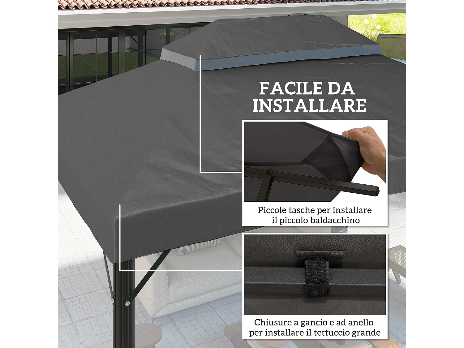 Copertura per gazebo 3x4 m a 2 livelli in tessuto oxford grigio scuro