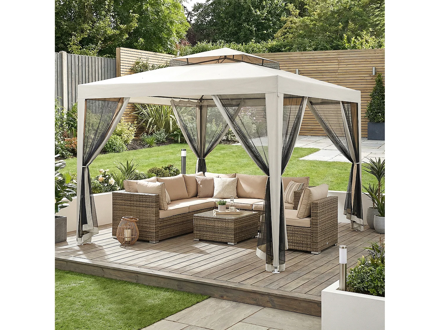 Gazebo da giardino 3x3 m con zanzariera, doppio tetto e 8 fori crema