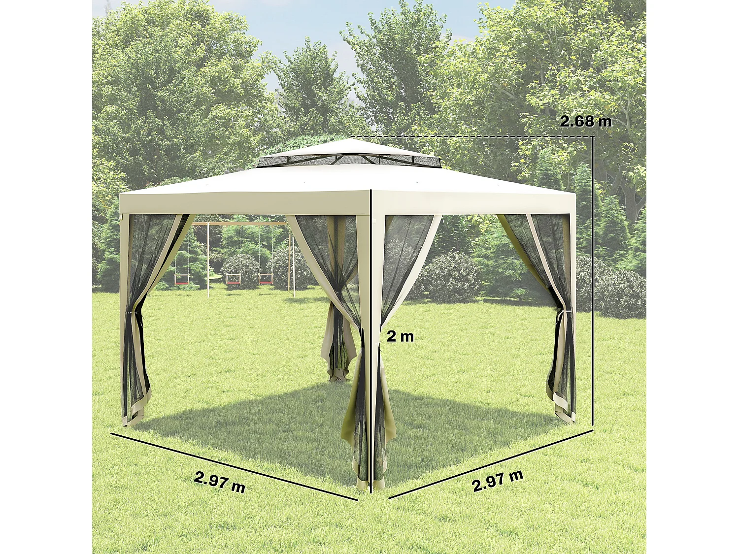 Gazebo da giardino 3x3 m con zanzariera, doppio tetto e 8 fori crema