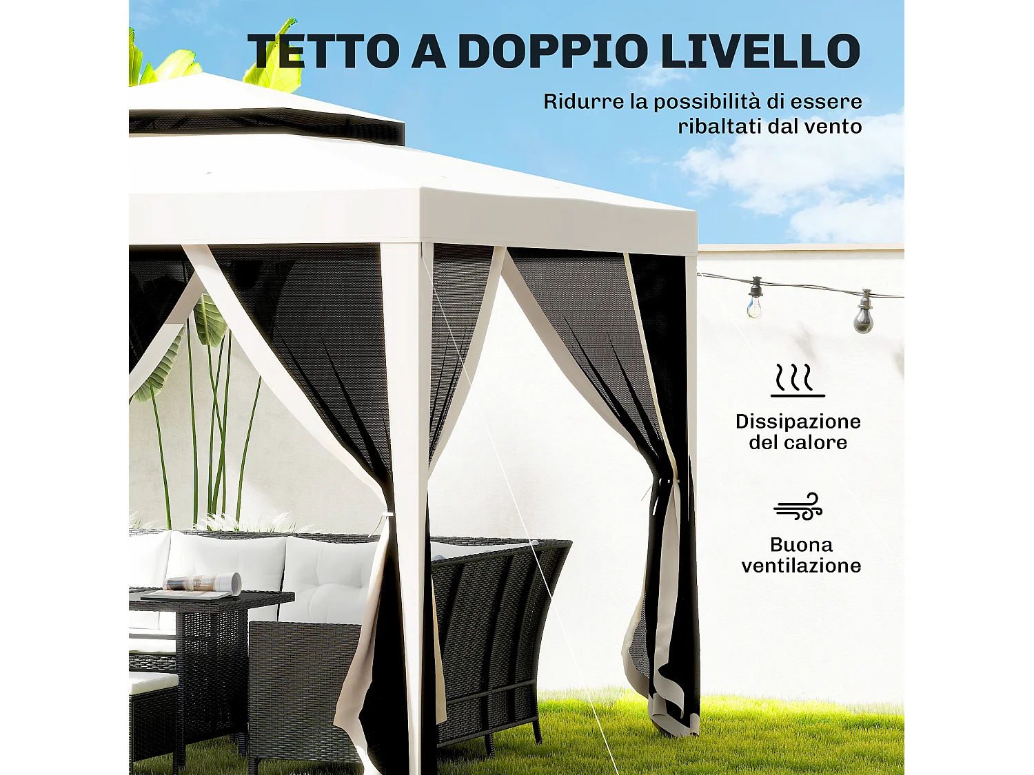 Gazebo da giardino 3x3 m con zanzariera, doppio tetto e 8 fori crema