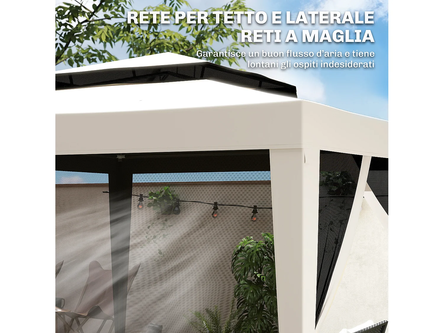 Gazebo da giardino 3x3 m con zanzariera, doppio tetto e 8 fori crema