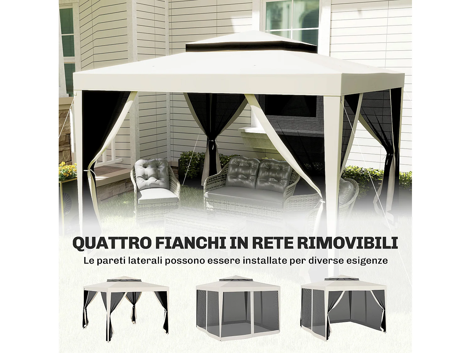 Gazebo da giardino 3x3 m con zanzariera, doppio tetto e 8 fori crema