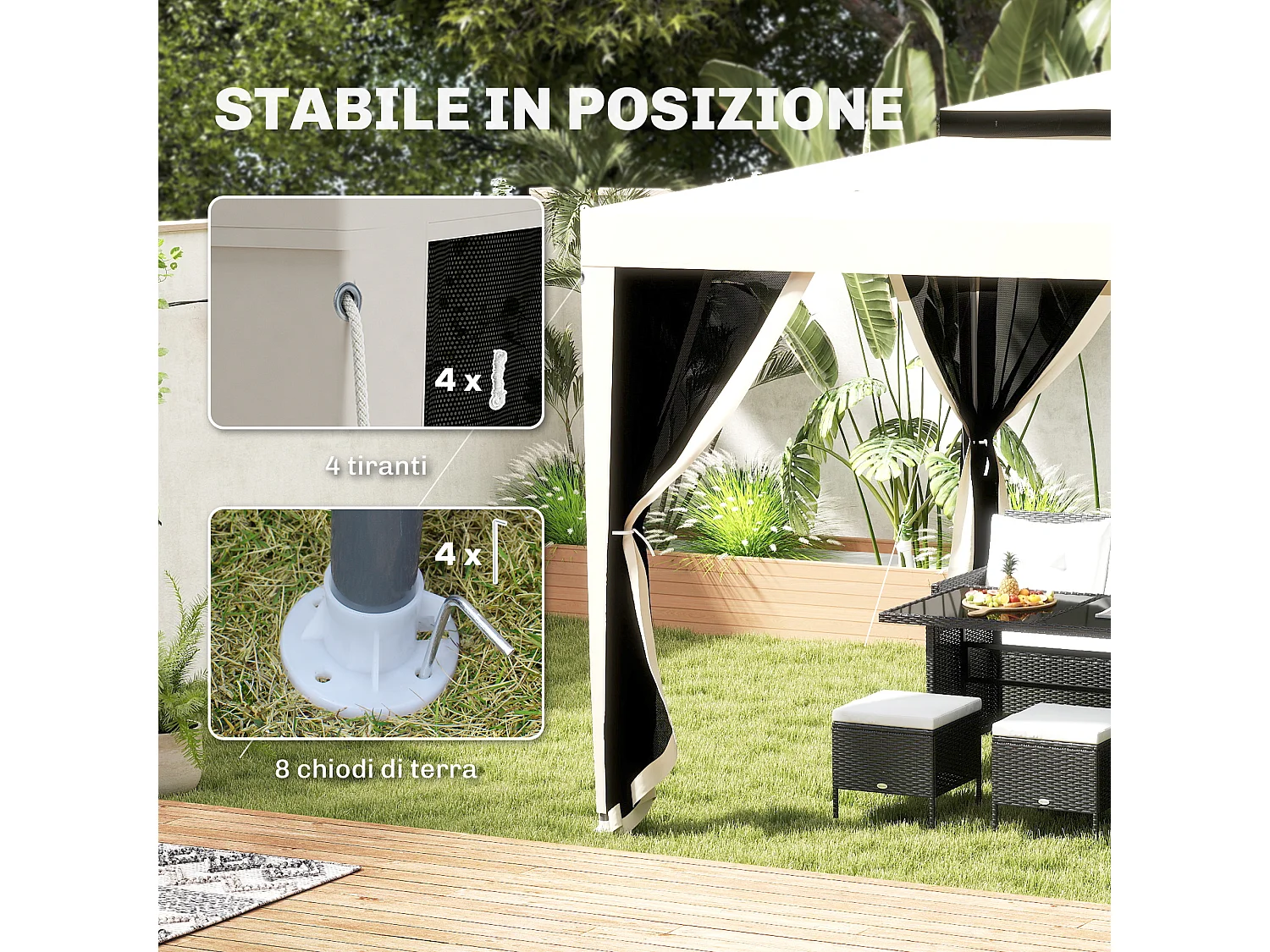 Gazebo da giardino 3x3 m con zanzariera, doppio tetto e 8 fori crema