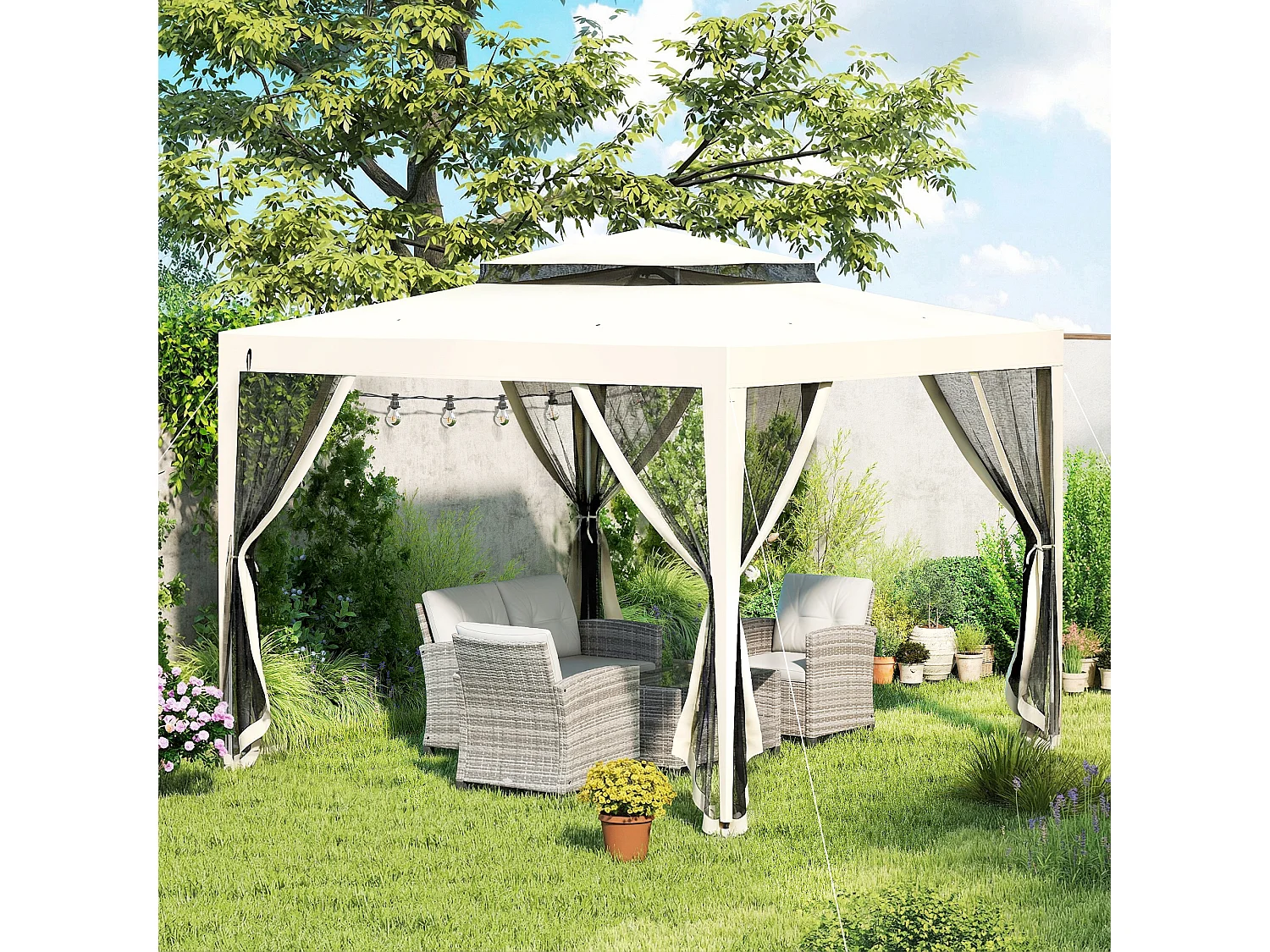 Gazebo da giardino 3x3 m con zanzariera, doppio tetto e 8 fori crema