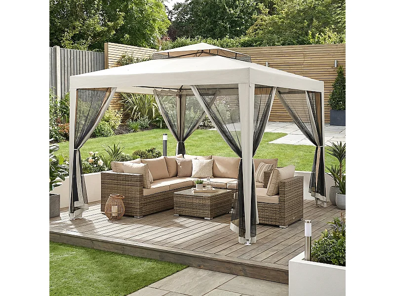 Gazebo da giardino 3x3 m con zanzariera, doppio tetto e 8 fori crema
