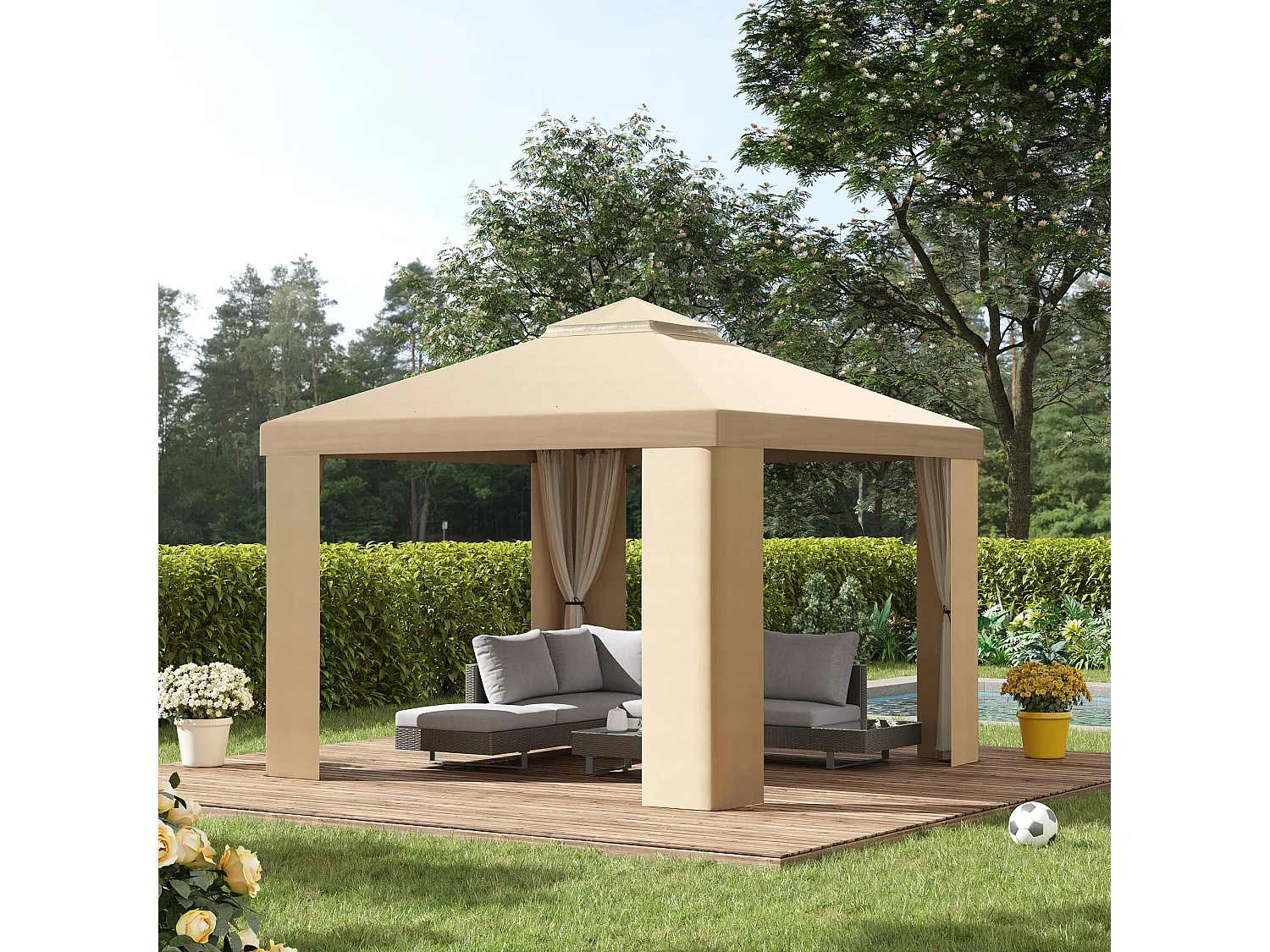 Gazebo da giardino 3x3 m con zanzariera e tetto a 2 livelli color kaki