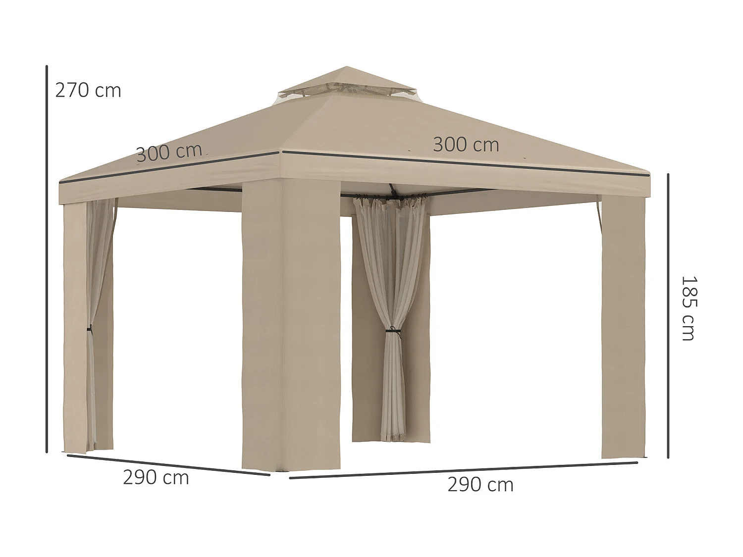 Gazebo da giardino 3x3 m con zanzariera e tetto a 2 livelli color kaki