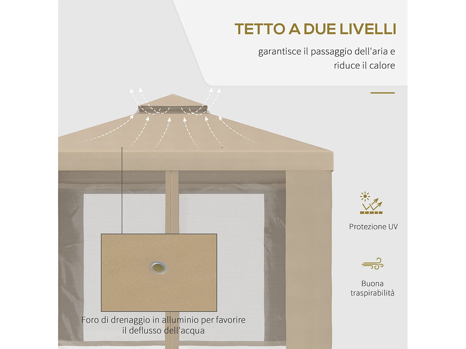 Gazebo da giardino 3x3 m con zanzariera e tetto a 2 livelli color kaki