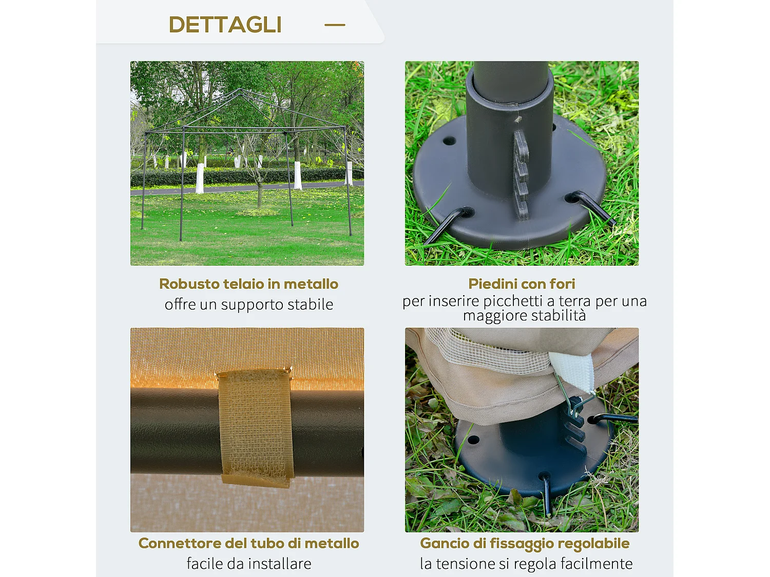 Gazebo da giardino 3x3 m con zanzariera e tetto a 2 livelli color kaki