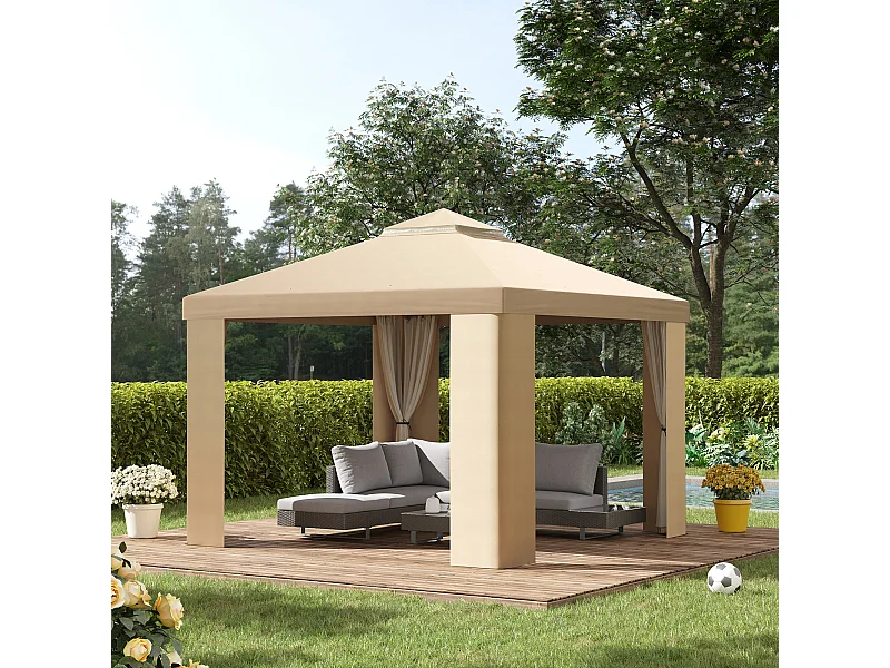 Gazebo da giardino 3x3 m con zanzariera e tetto a 2 livelli color kaki