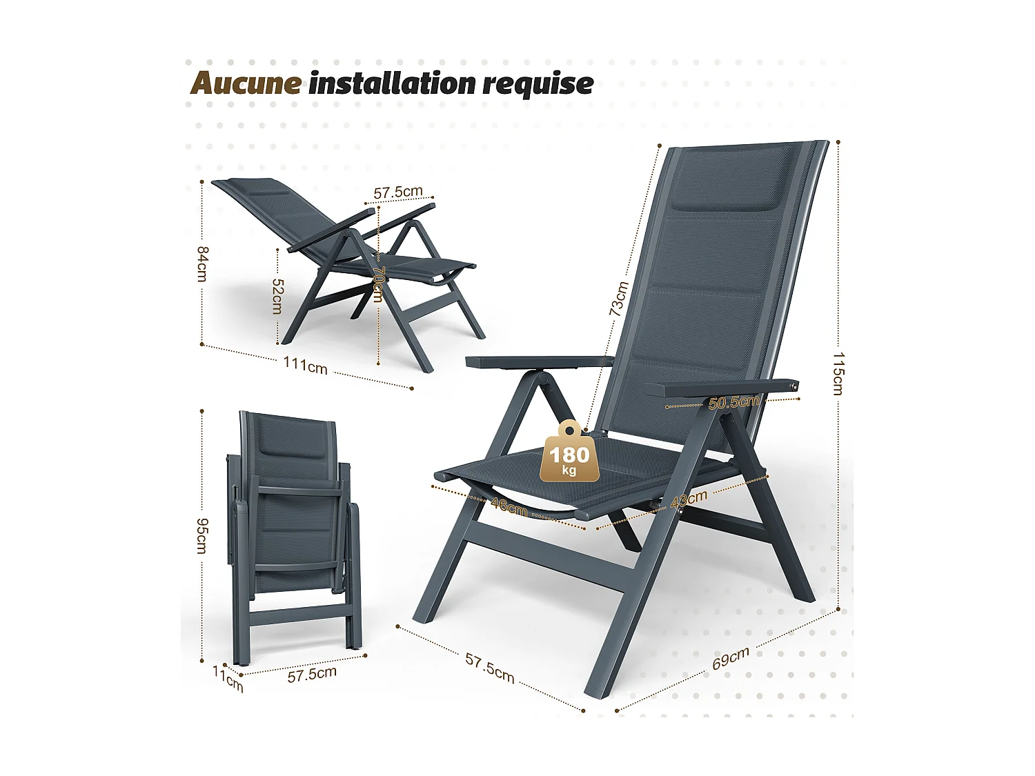 Chaise de Jardin Pliante en Aluminium (lot de 2), 7 Positions+Tissu Composite Respirant + Mousse à Séchage Rapide, 180 kg, Gris