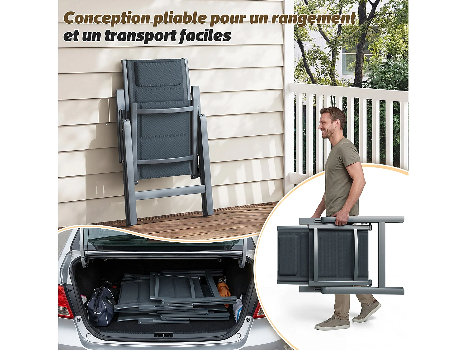 Chaise de Jardin Pliante en Aluminium (lot de 2), 7 Positions+Tissu Composite Respirant + Mousse à Séchage Rapide, 180 kg, Gris