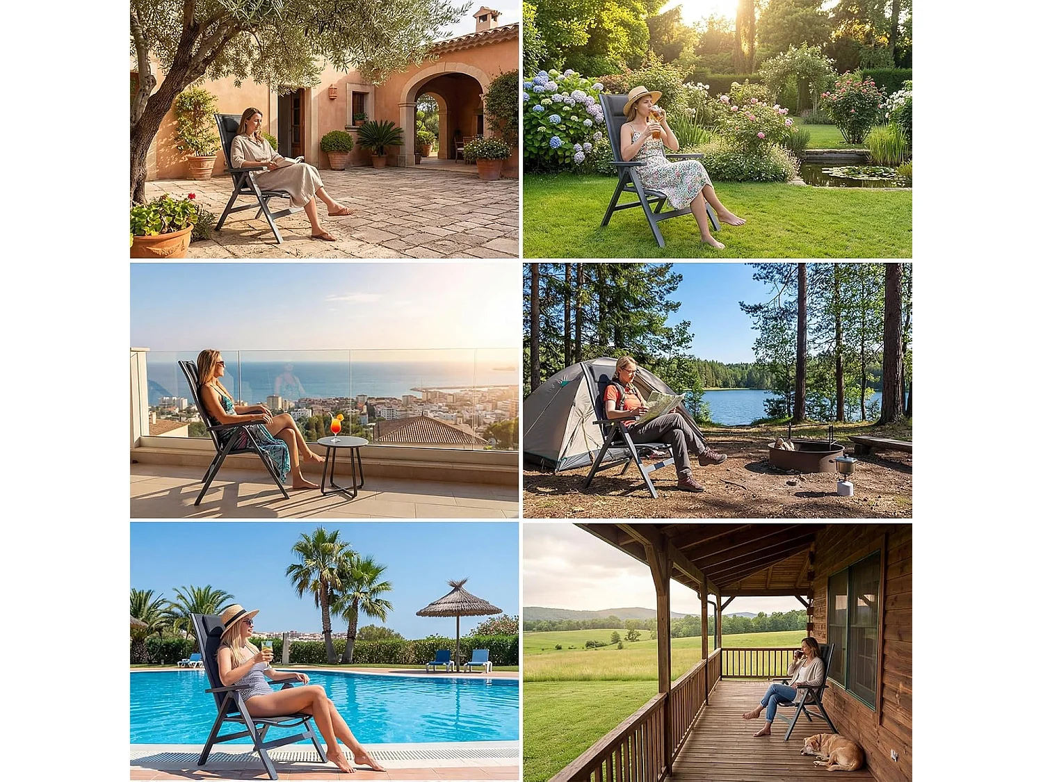 Chaise de Jardin Pliante en Aluminium (lot de 2), 7 Positions+Tissu Composite Respirant + Mousse à Séchage Rapide, 180 kg, Gris