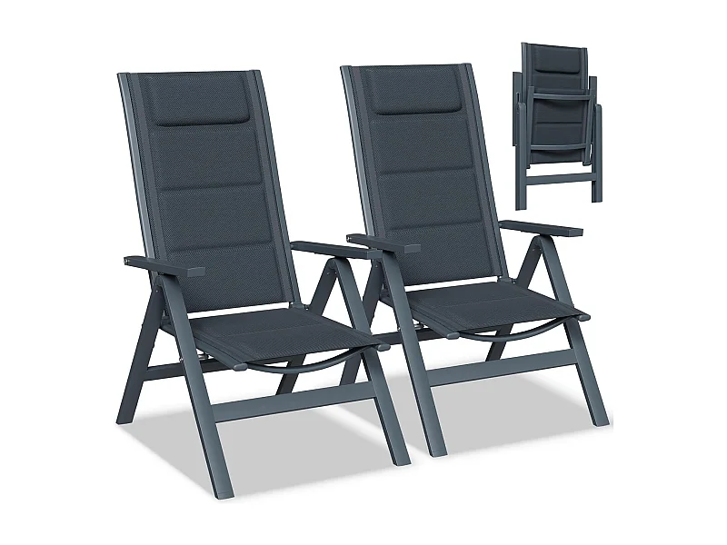 Chaise de Jardin Pliante en Aluminium (lot de 2), 7 Positions+Tissu Composite Respirant + Mousse à Séchage Rapide, 180 kg, Gris