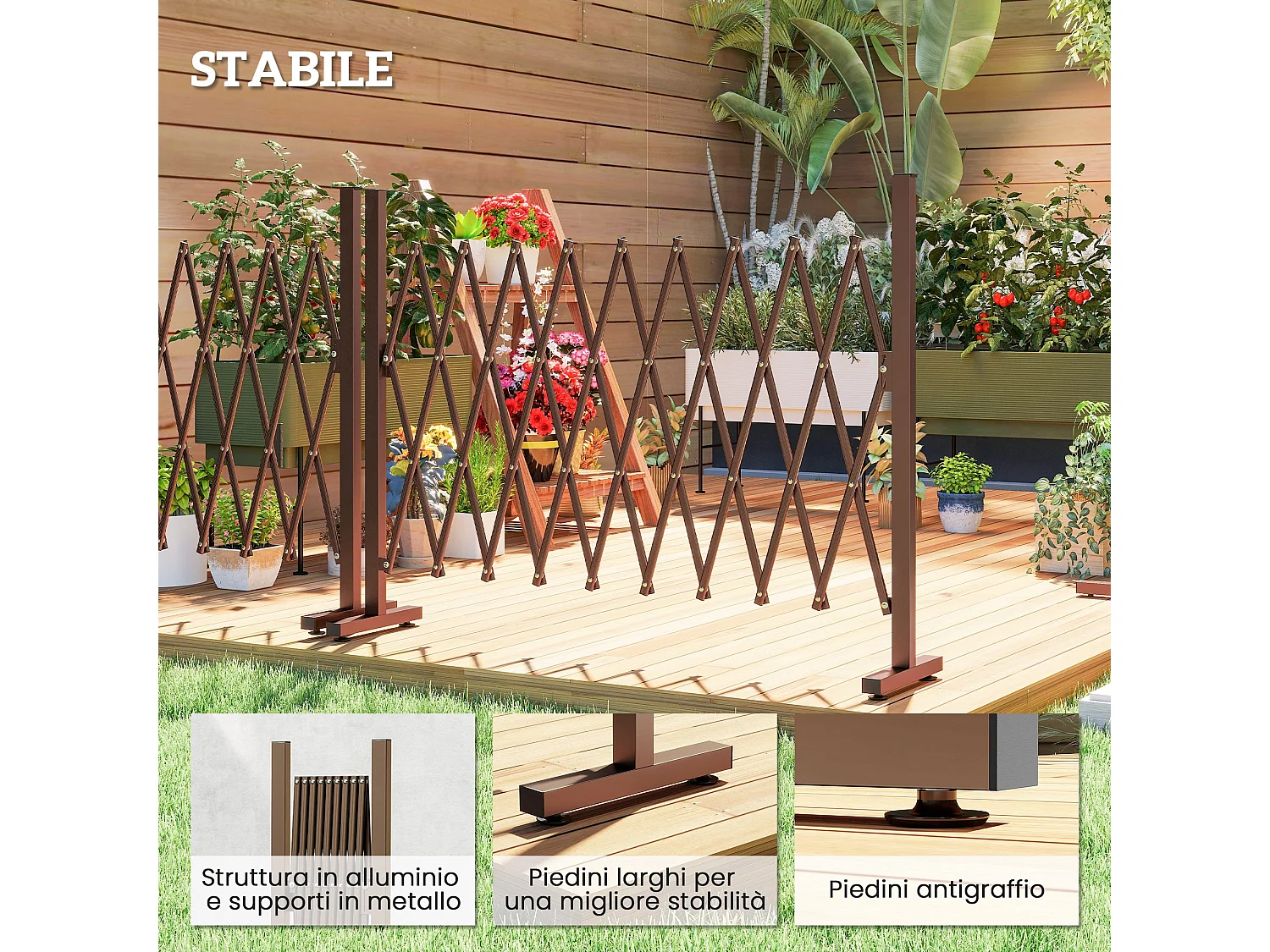 Recinzione per giardino regolabile in metallo 250x103.5 cm marrone