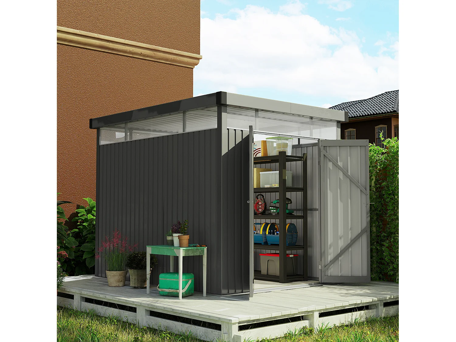 Capanno da giardino con lucernario 162x259x201 cm grigio scuro