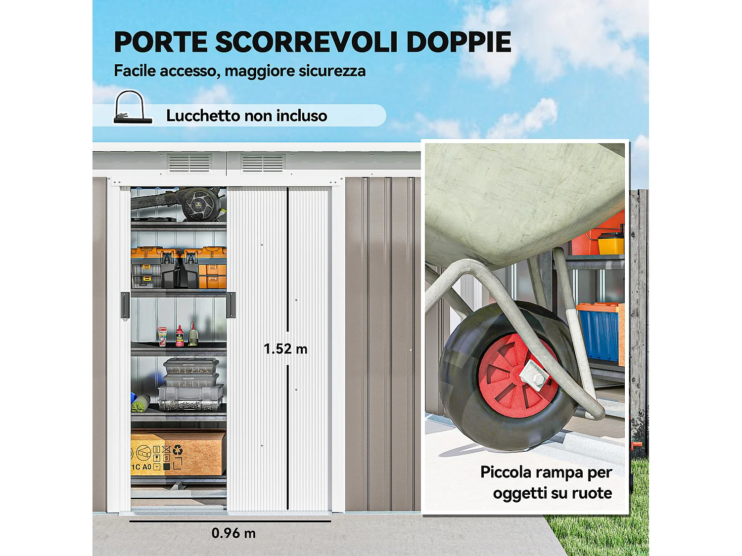 Ripostiglio da giardino con 2 prese d'aria e 2 porte grigio chiaro