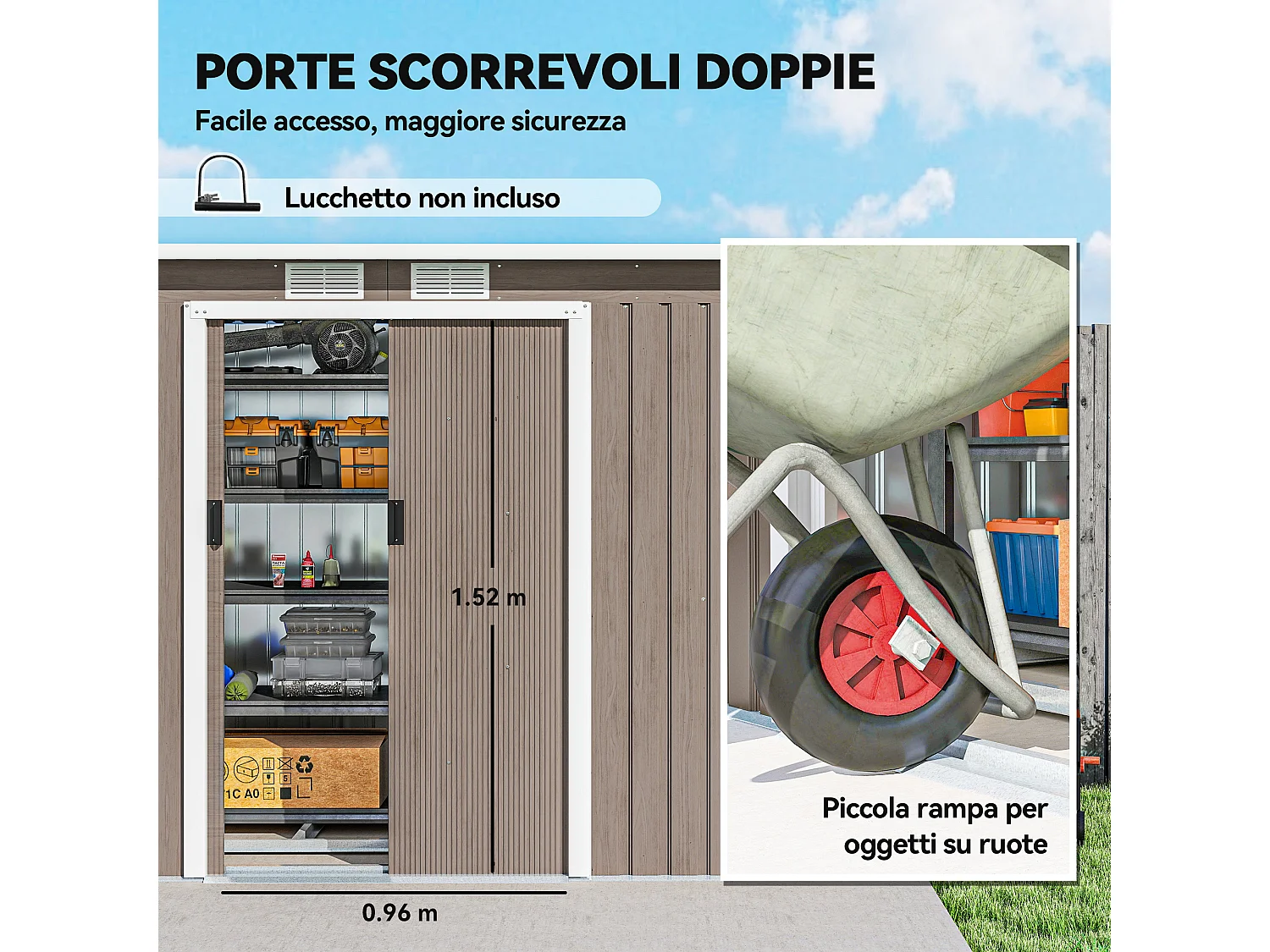 Ripostiglio da giardino con 2 prese d'aria e 2 porte marrone legno