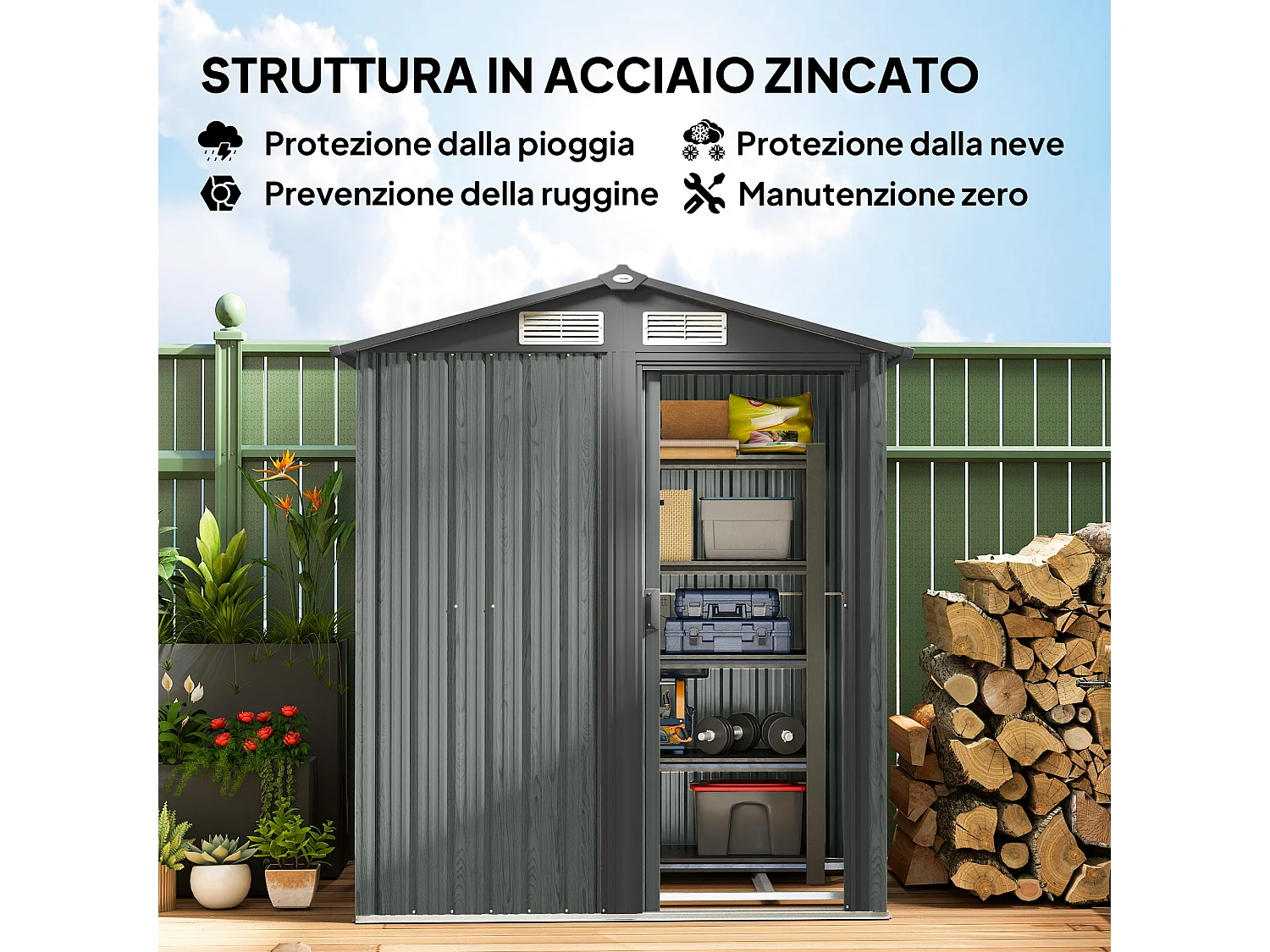 Casetta da giardino con tetto inclinato e prese d'aria acciaio grigio