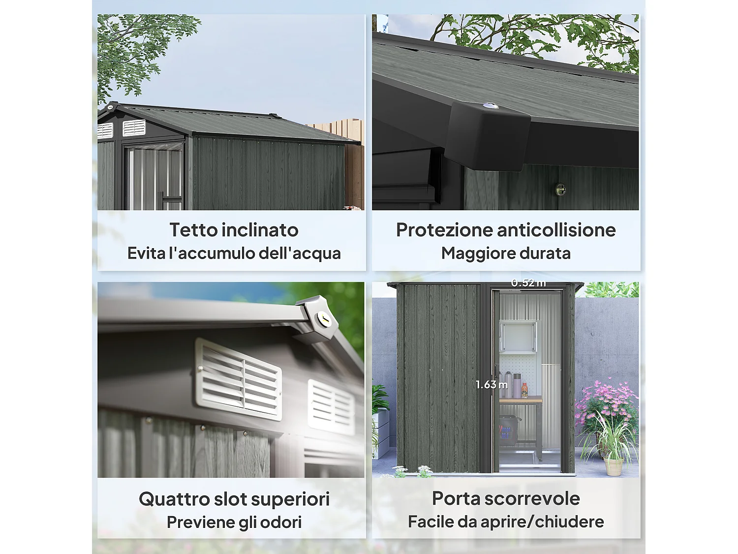 Casetta da giardino con tetto inclinato e prese d'aria acciaio grigio
