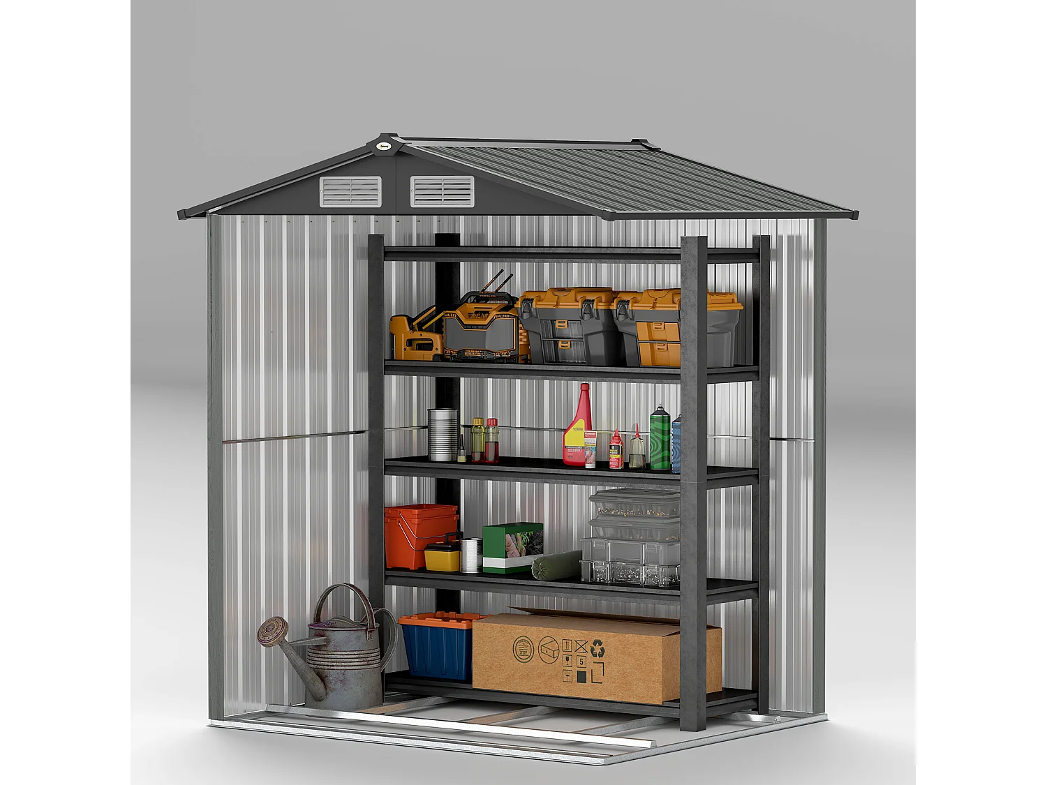 Casetta da giardino con tetto inclinato e prese d'aria acciaio grigio