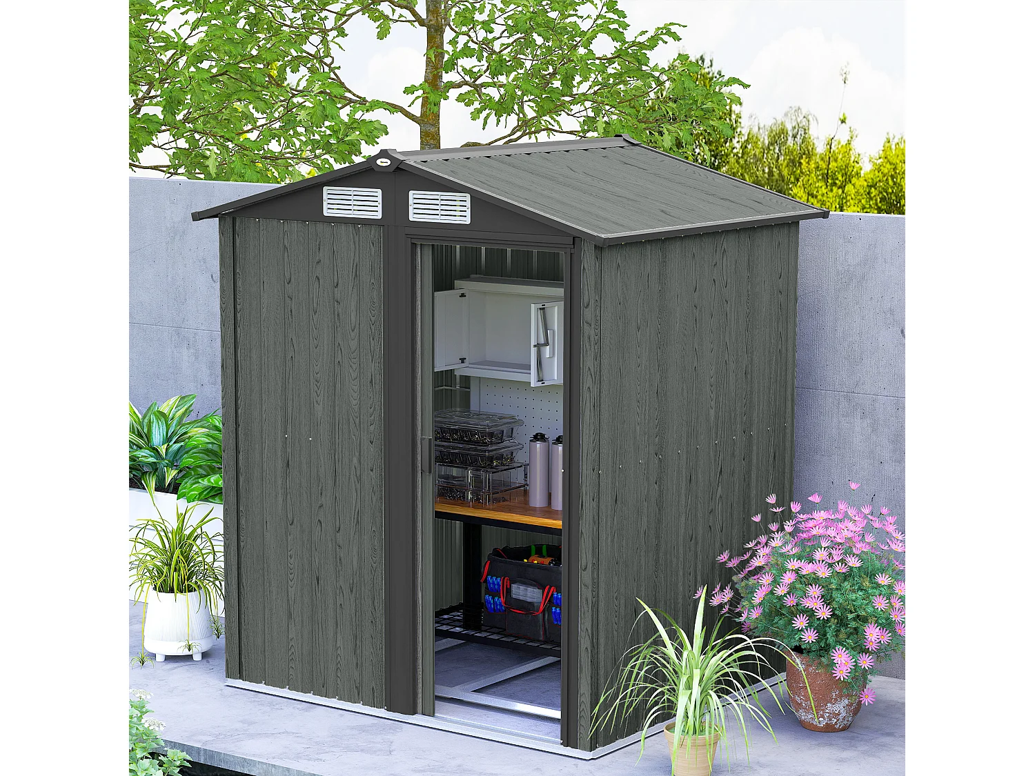 Casetta da giardino con tetto inclinato e prese d'aria acciaio grigio