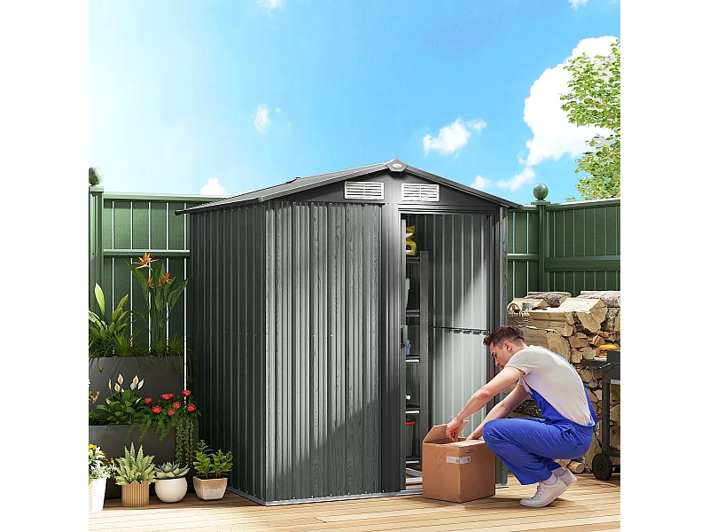 Casetta da giardino con tetto inclinato e prese d'aria acciaio grigio