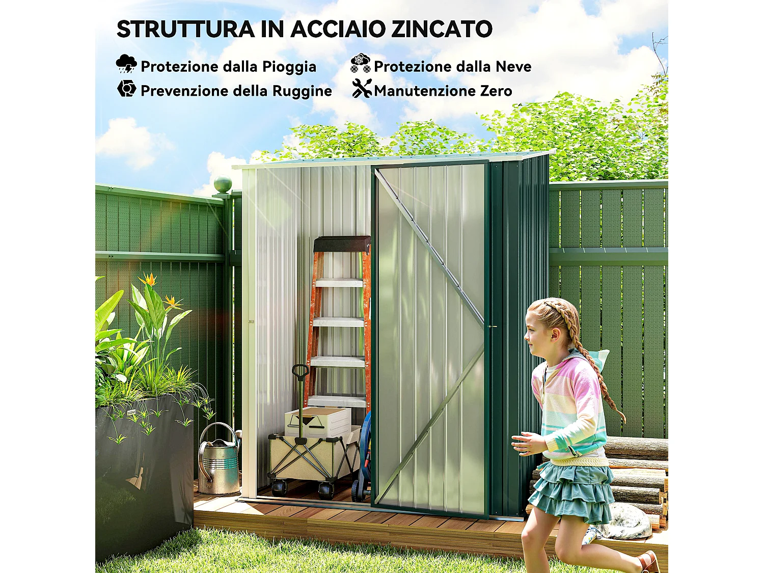 Casetta da giardino per attrezzi in acciaio verde