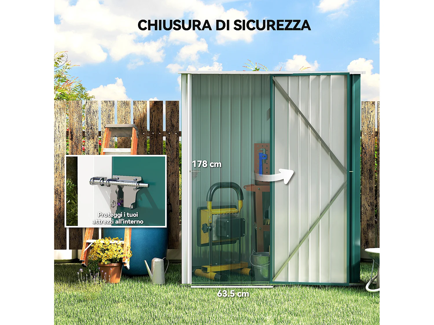 Casetta da giardino per attrezzi in acciaio verde