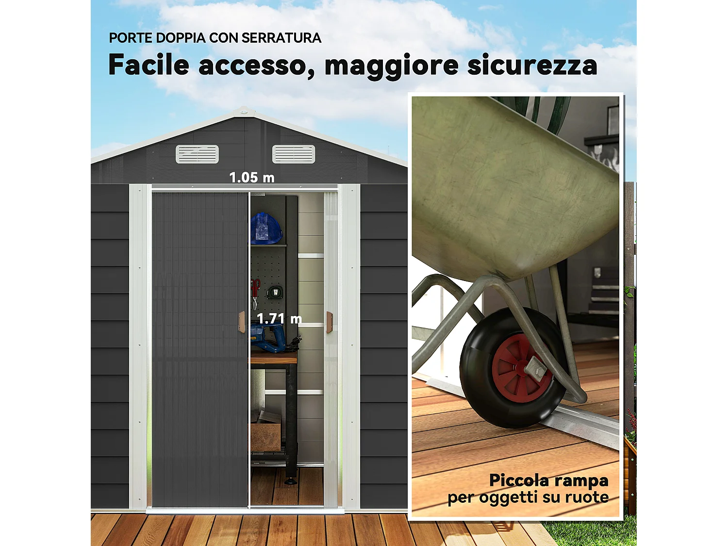 Casetta da giardino in acciaio grigio scuro con 4 prese d'aria