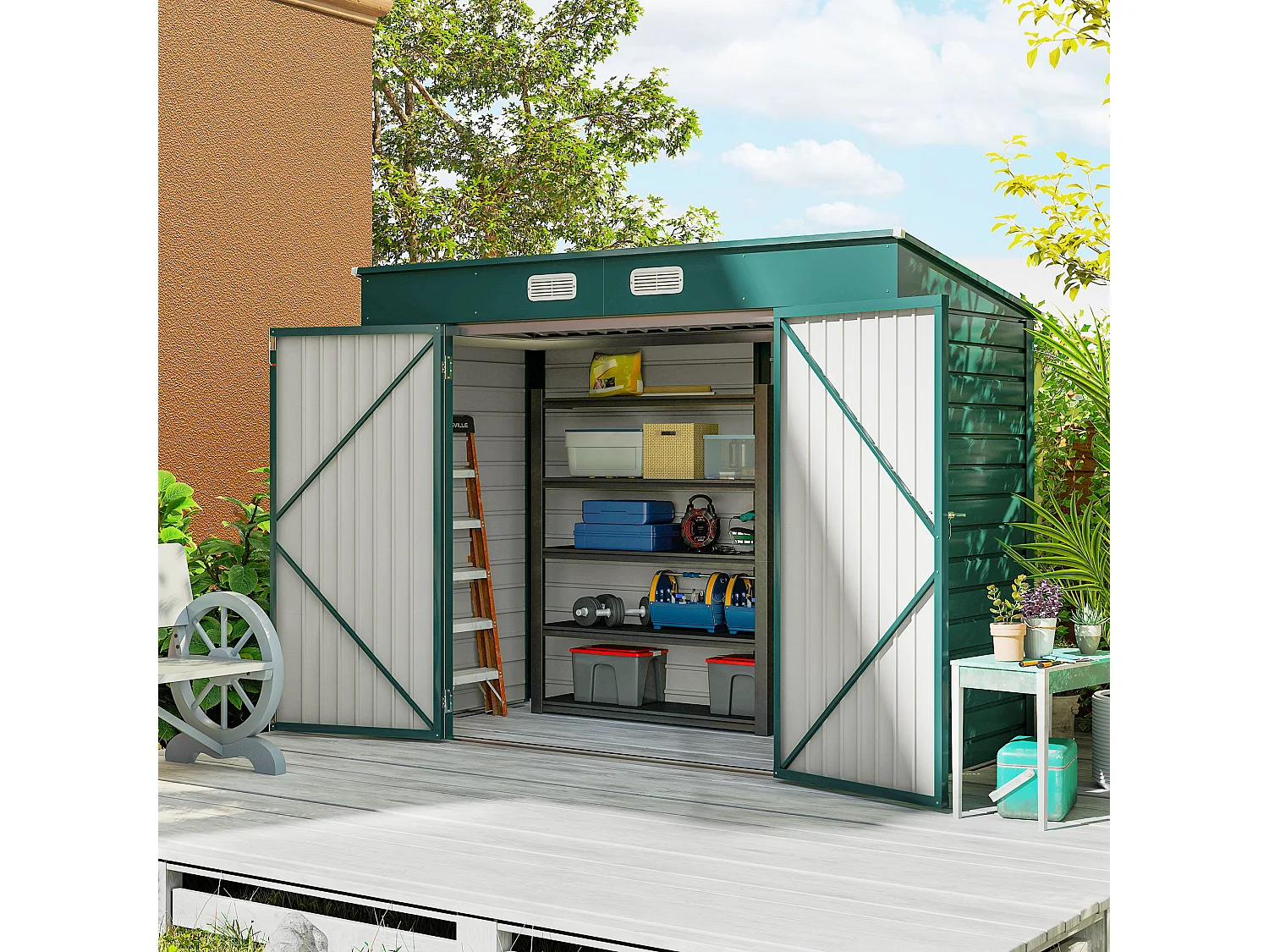 Capanno porta attrezzi con 2 prese d'aria e chiavistello verde