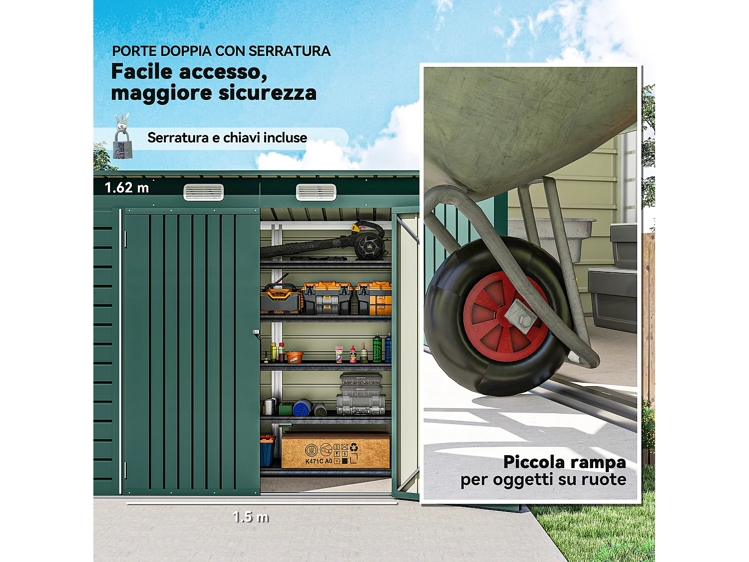 Capanno porta attrezzi con 2 prese d'aria e chiavistello verde